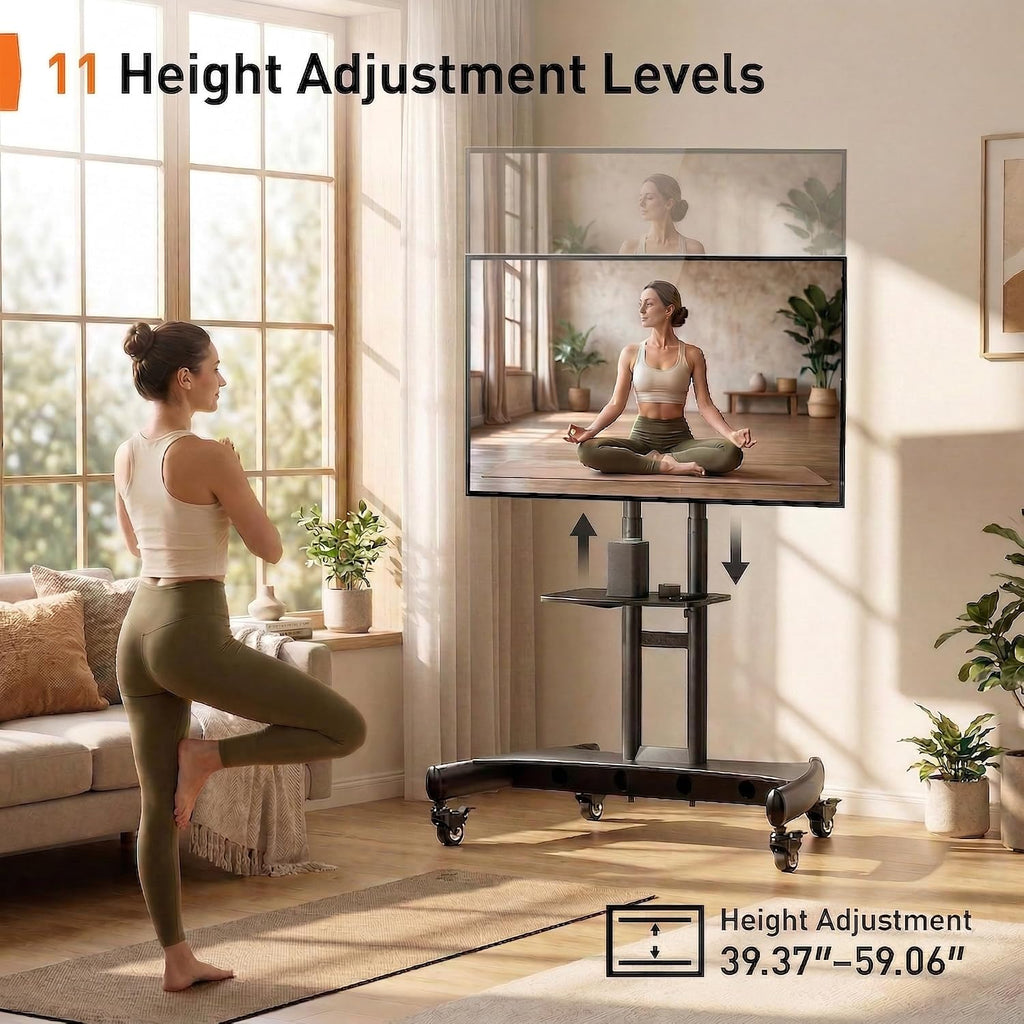 Rolling TV Stand for 32-84 Inch TV, Mobile TV Cart up to 100lbs, Adjustable Height Outdoor TV Cart with Heavy-Duty