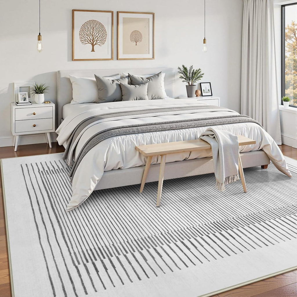Washable Striped Rugs, Non-Slip Soft Grey Berber Stripe Bedroom Rug, Low Pile Minimalist Floor Carpet Living