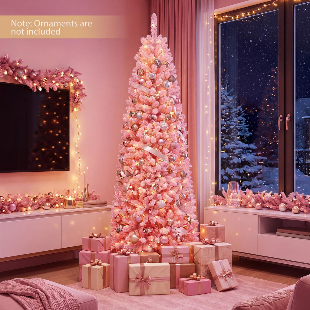 7FT Pre-Lit Pencil Christmas Tree, Snow Flocked Pink Xmas Tree