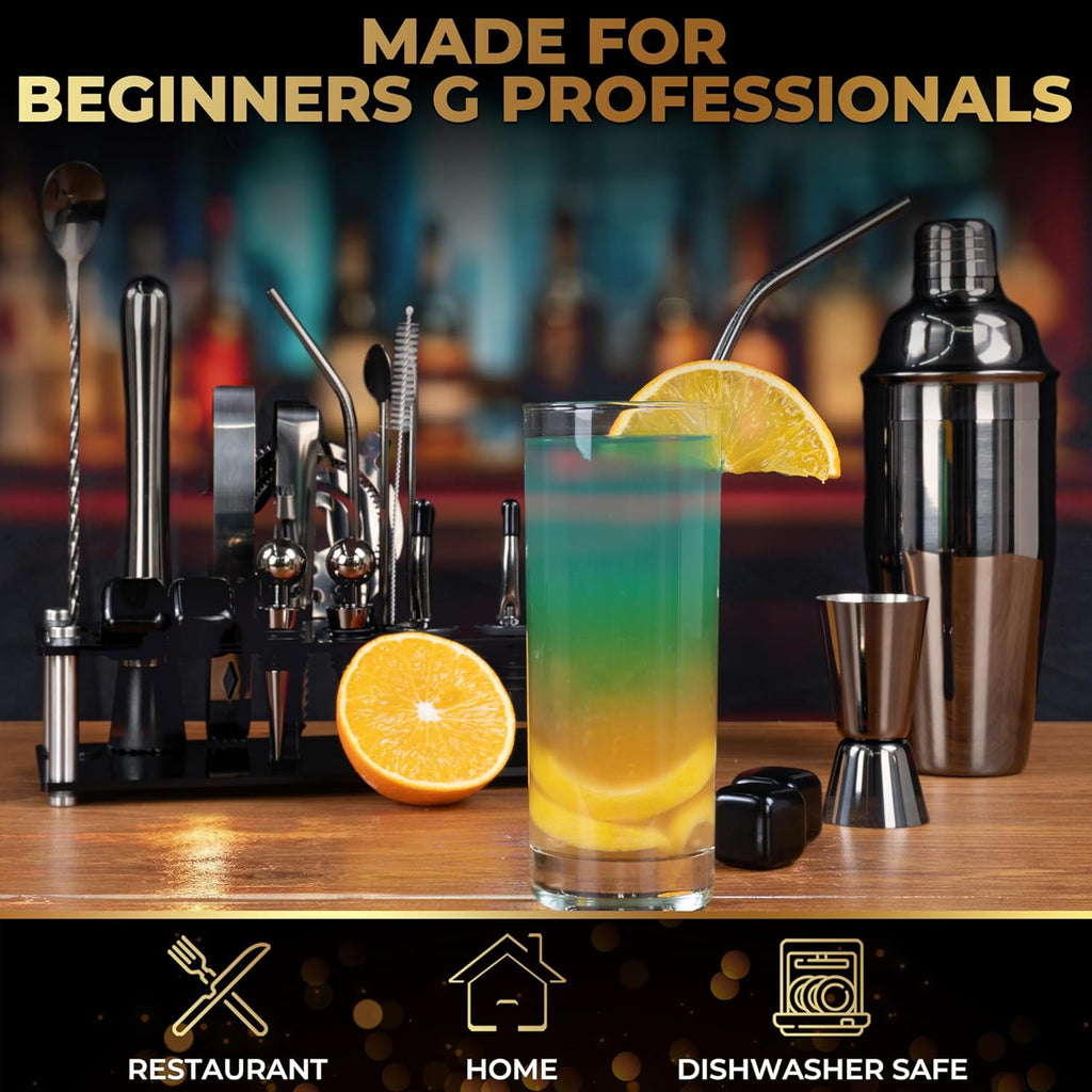 Mixology Bartender Kit - Gun Metal Cocktail Shaker Set w/Stand - Essential Home Bar Accessories Martini - Set of 24