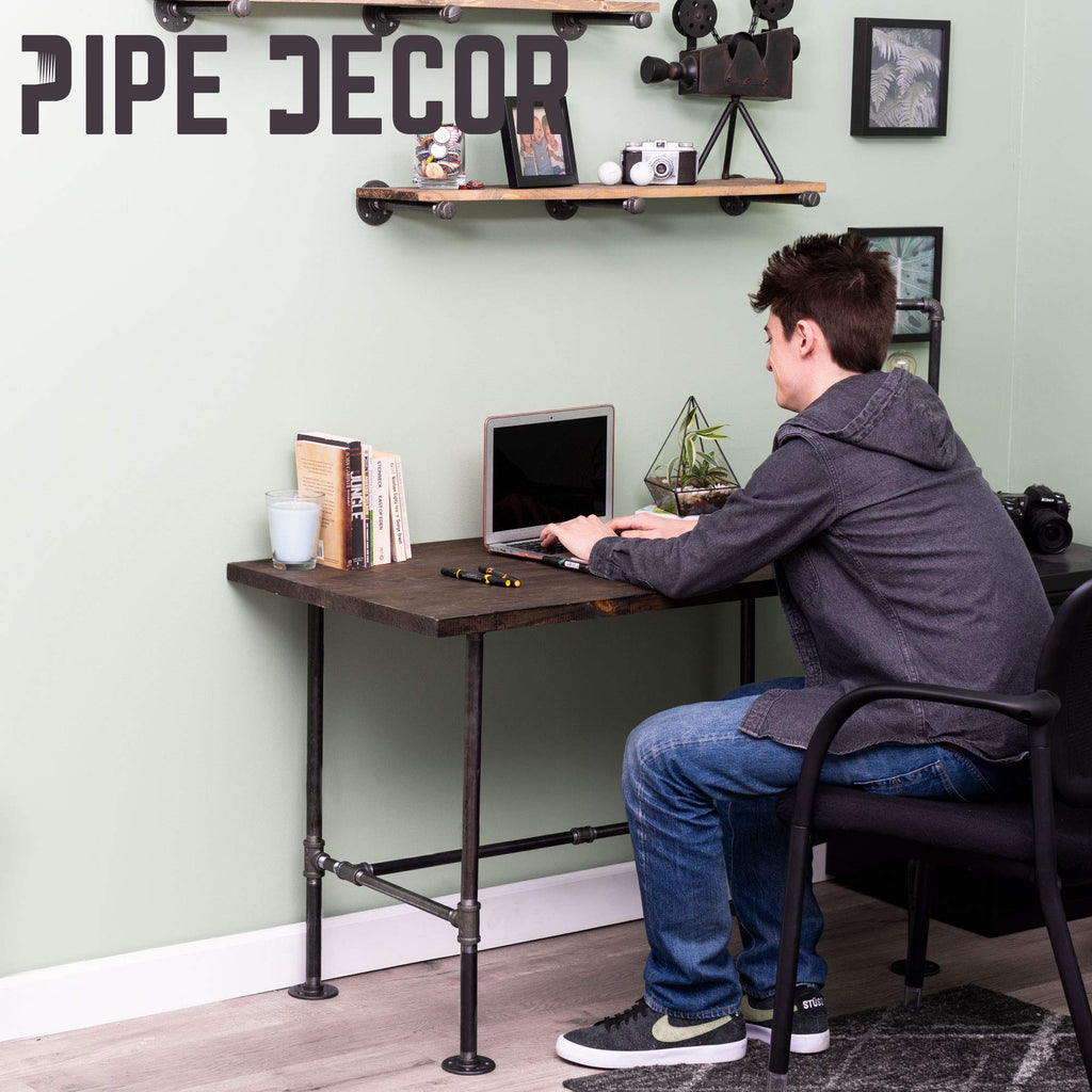 Industrial Pipe Desk Leg Set, Modern Home Office Table Writing or Computer Base Kit, Dark Grey Black Rough Pipes