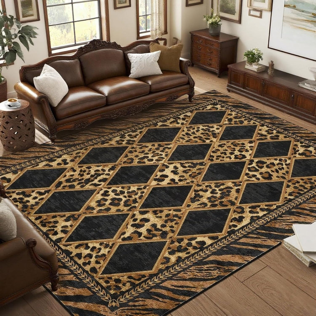 Leopard Rugs, Washable Animal Print Large Area Rugs Non Slip, Soft Low Pile Checkered Indoor Carpet, Brown/Black