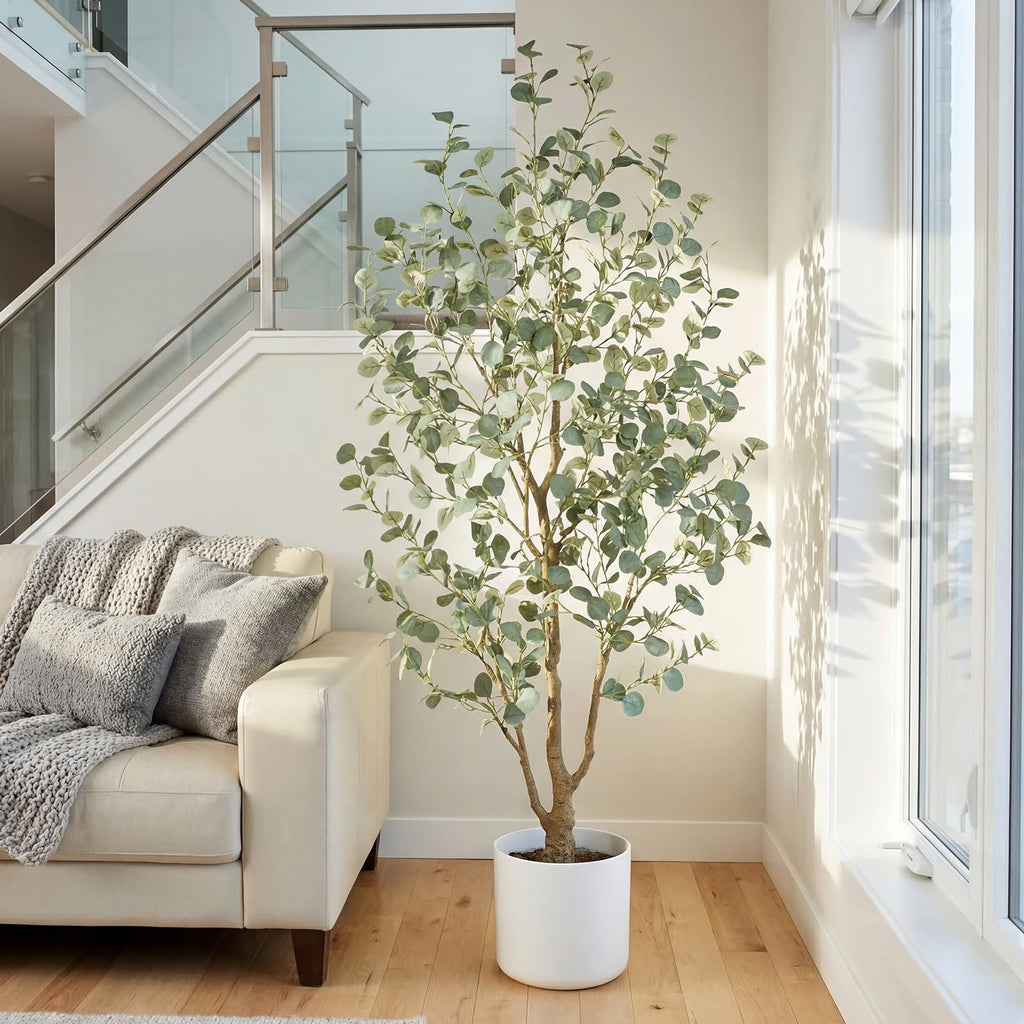 6FT Artificial Eucalyptus Tree Indoor, Faux Eucalyptus Tree with 636 Silk Leaves, Tall Fake Tree - Artificial Tree