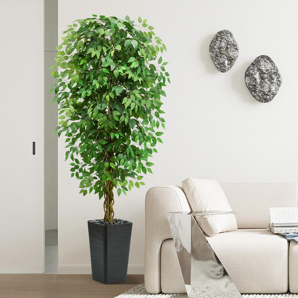 7FT Artificial Ficus Tree, 84 Inch Realistic Faux Silk Ficus Floor Plant with Black Planter & Pebbles, Tall Fake