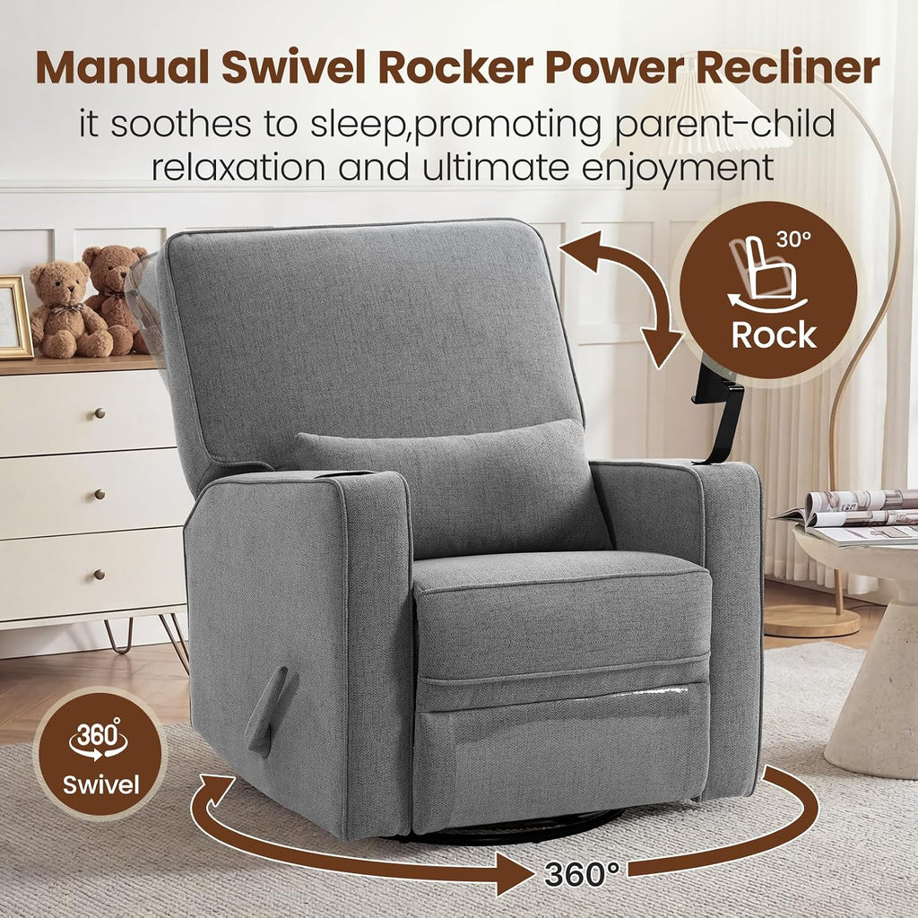 360° Swivel Rocker Recliner Chair with Adjustable Footrest, Rocking Chair Nursery with Phone Stand & Cup