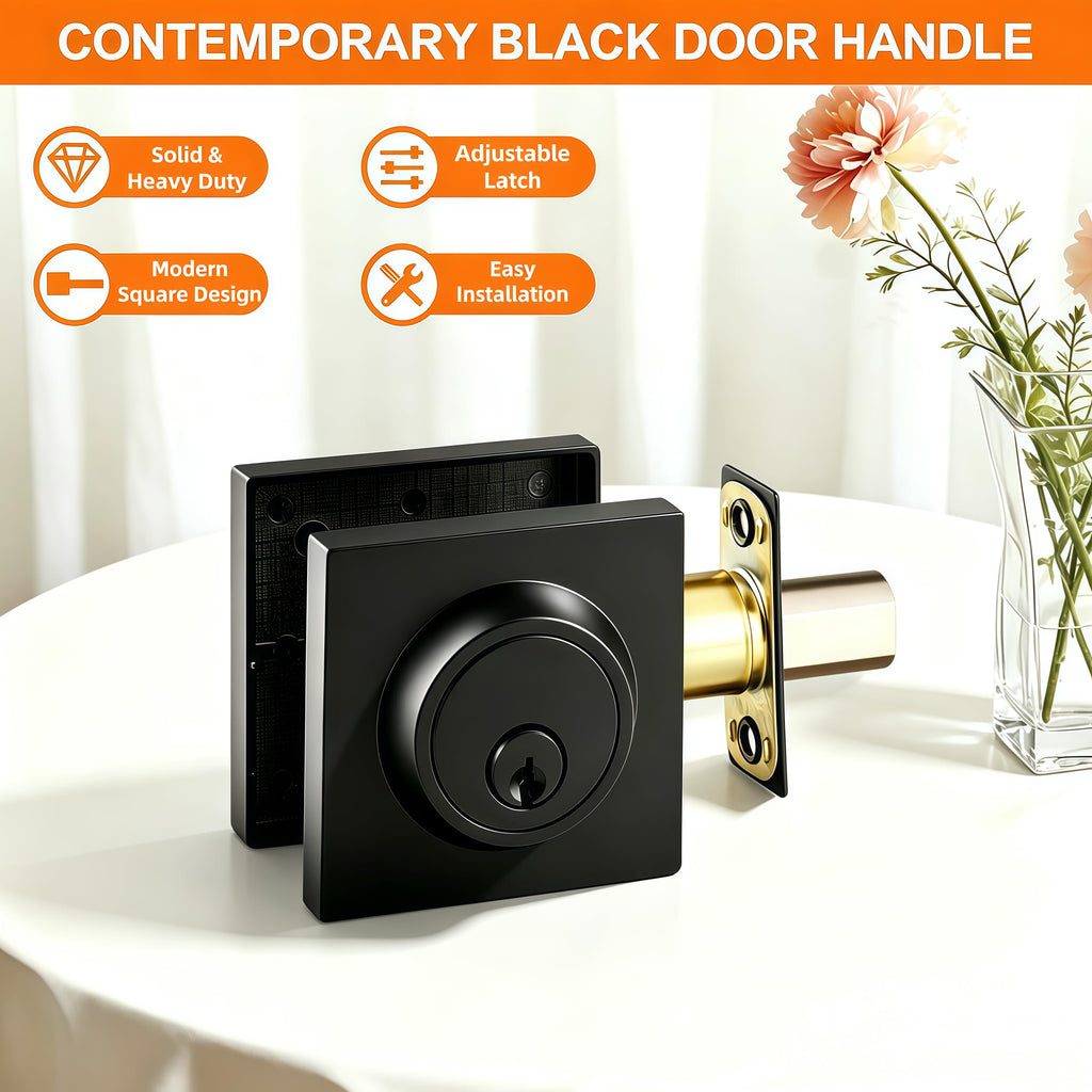 Matte Black Square Double Cylinder Deadbolt, keyed 2 Sides