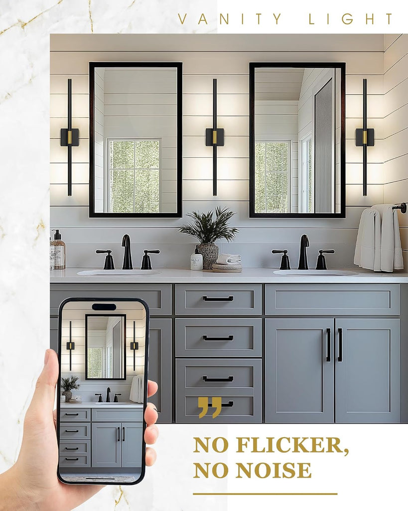 30 Inch Bathroom Light Fixtures, 16W 3CCT Dimmable Black and Gold LED Vanity Lighting Fixtures Over Mirror