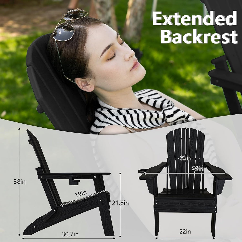 Folding Adirondack Chair Set of 4, Cup Holder,Wooden Textured ,Heavy All-Weather HDPE Comfortable Set Poolside