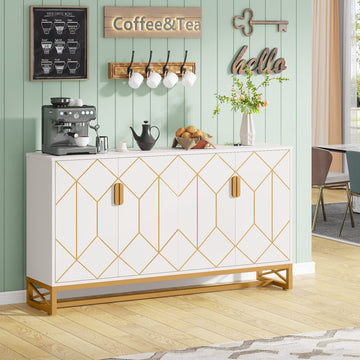 59" White Gold Buffet Cabinet with Storage Kitchen Sideboard Storage Cabinet