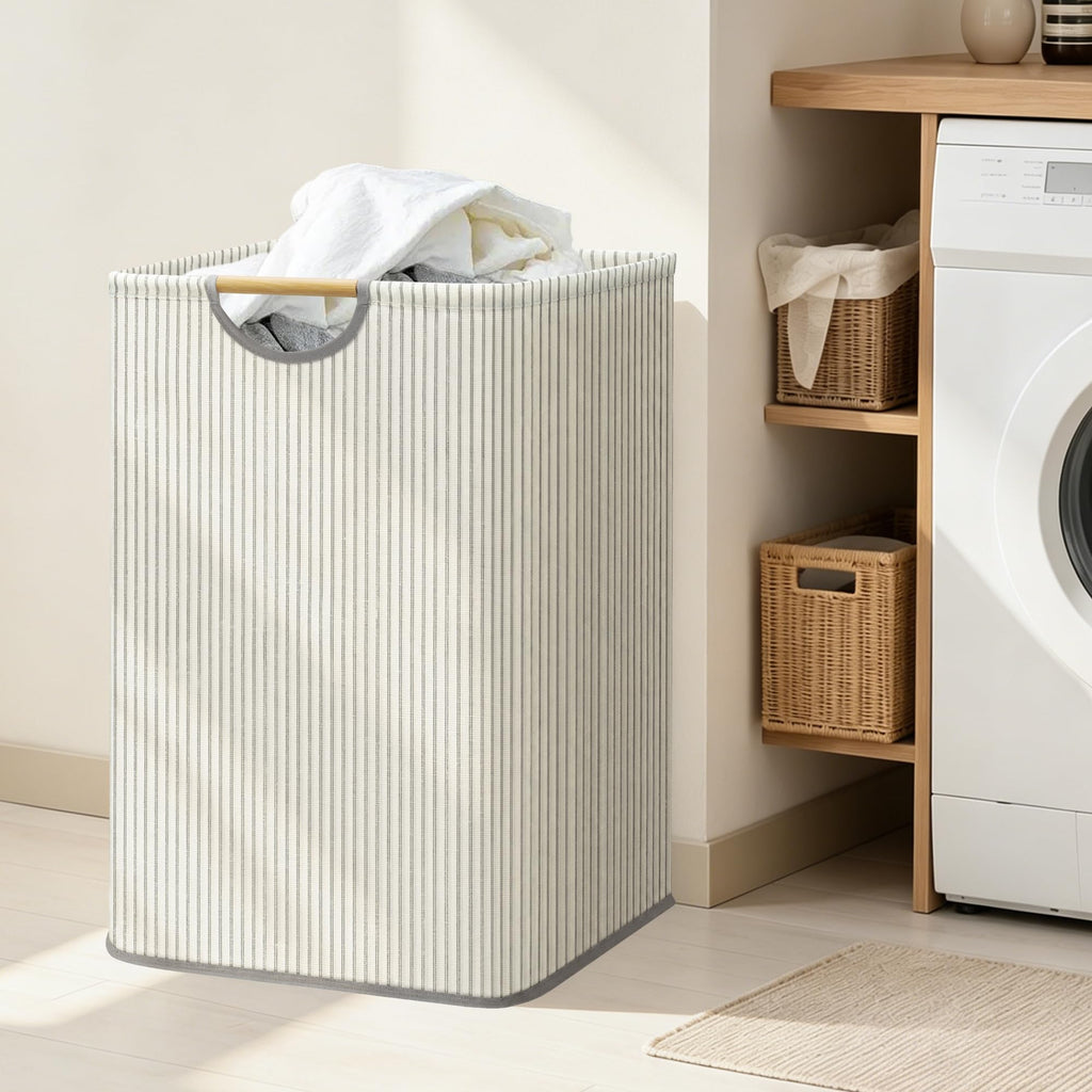 2-Pack Collapsible Laundry Hamper with Bamboo Handle, Stripe