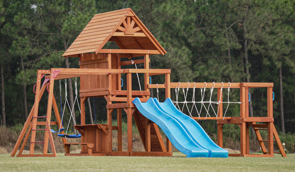 Playground Wooden Swing Sets with Monkey Bar, Outdoor Playhouse