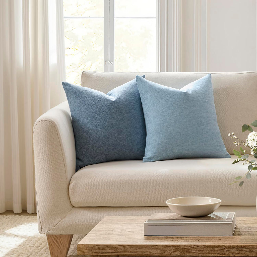 Set of 2 Sky Blue Throw Pillow Covers 20x20, Coastal Linen Blend Decorative Pillow Covers for Couch Sofa Bed, Beach