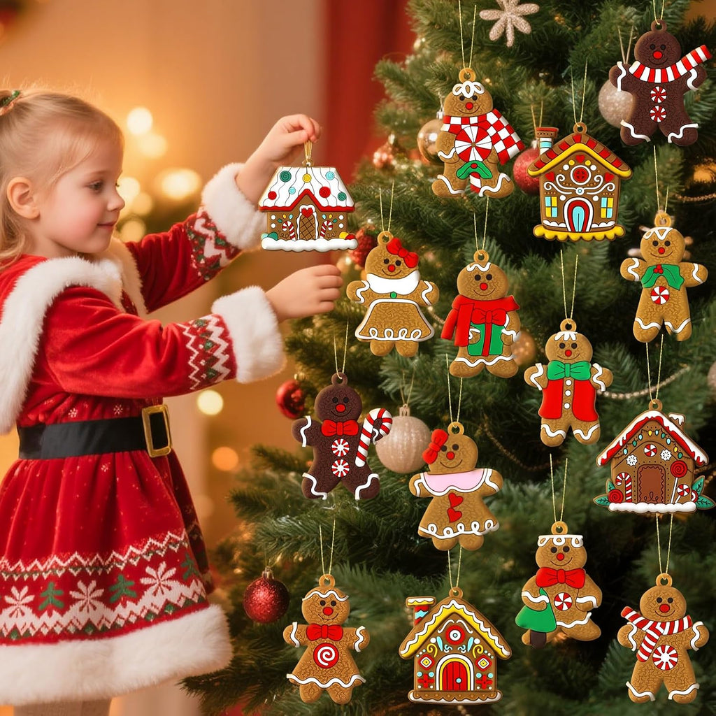 Gingerbread Man Ornaments Gingerbread Christmas Decorations with Gingerbreads House Ornament Hanging Party Decor - Set of 16