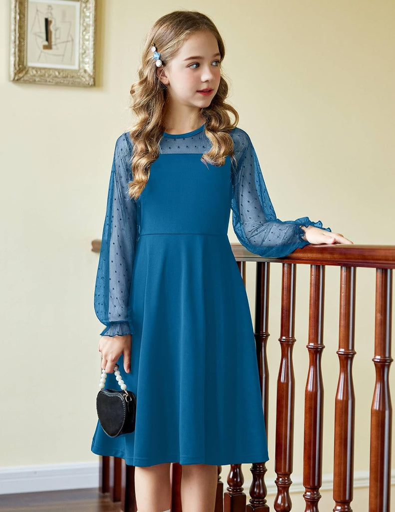 Girls's Contrast Mesh Puff Long Sleeve Party Dress with Pockets