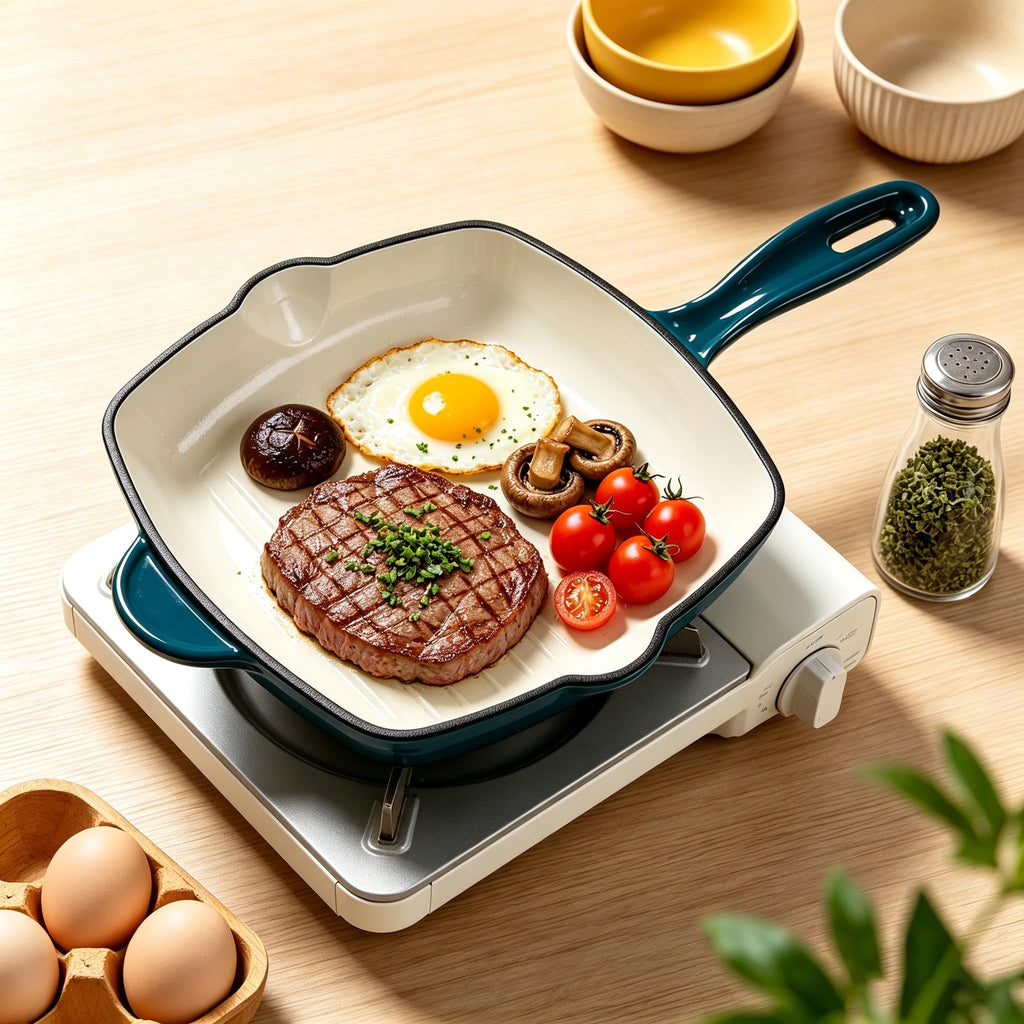 Enameled Cast Iron Steak Grill Pan, Square Skillet with Drip Spout, Oven-Safe & Stovetop Safe (Peacock Blue, 9.5 inch)