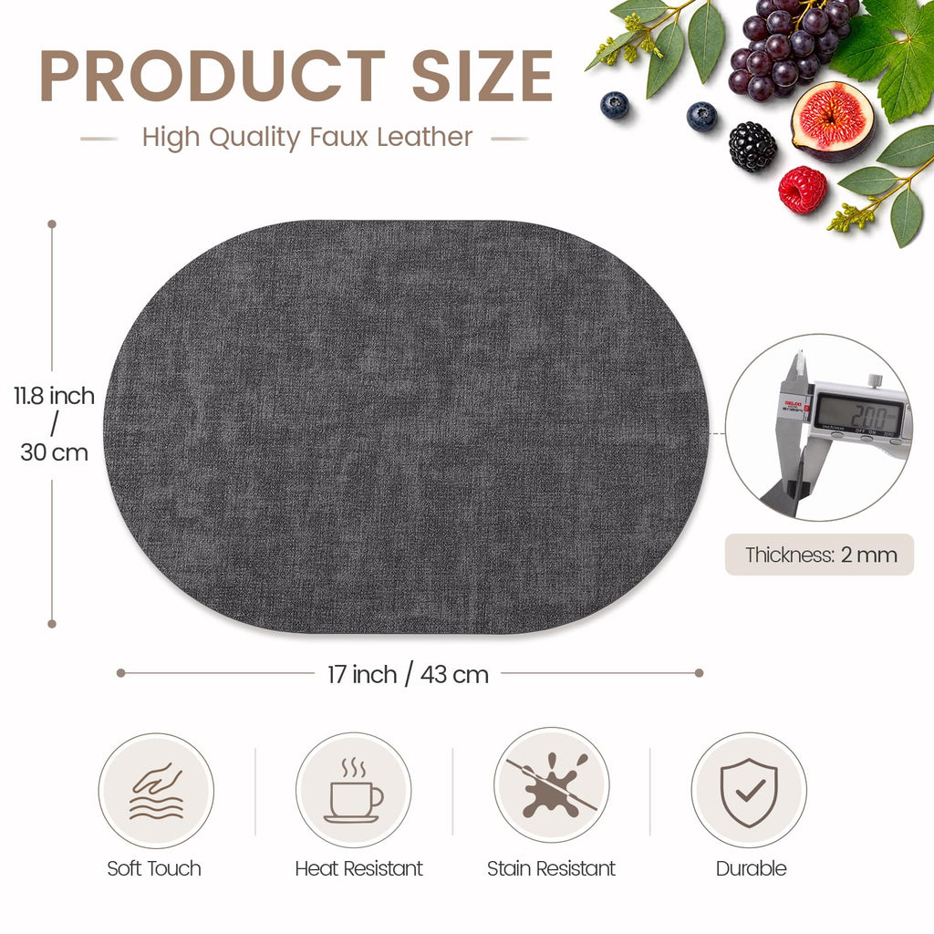 Oval Faux Leather Placemats Set of 4, Easy to Clean, Dark Grey
