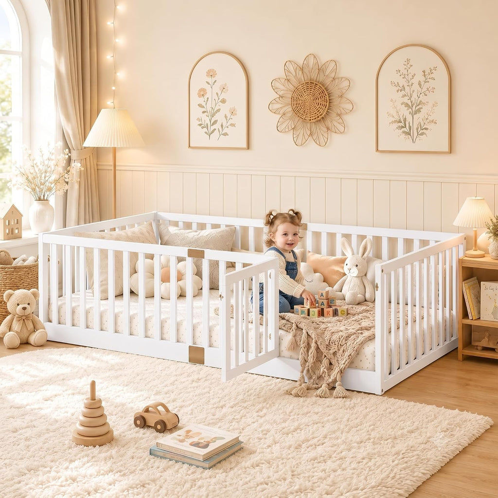 Montessori Floor Bed with High Rails, Door & Slats for Kids, White