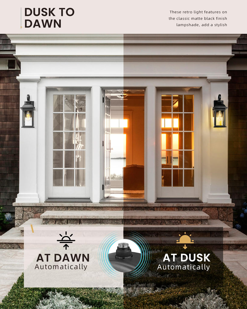 Dusk to Dawn Outdoor Wall Sconce, 15" Matte Black Seeded Glass Outdoor Sconce Lights, Front Porch Light Fixtures Wall