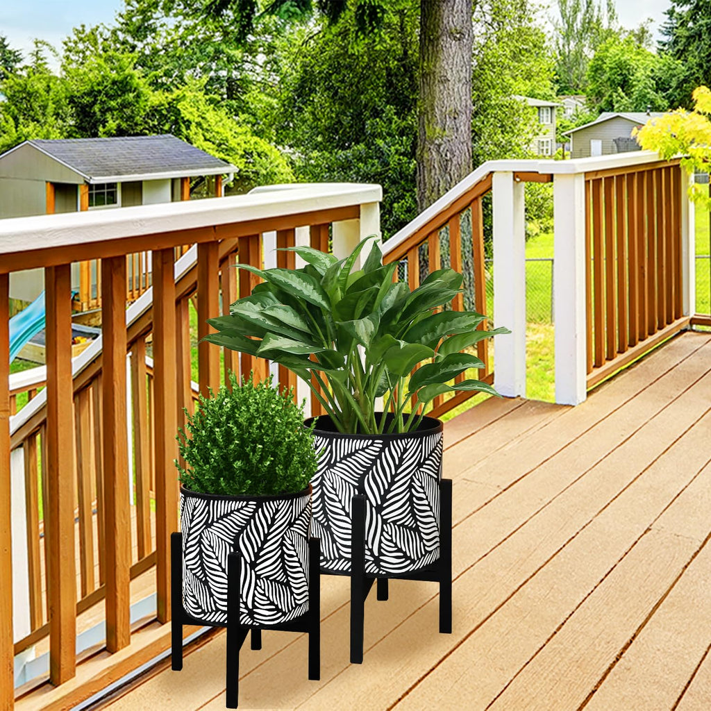 10 & 12 Inches Flower Plant Pot with Stand Set of 2 with Drainage Holes