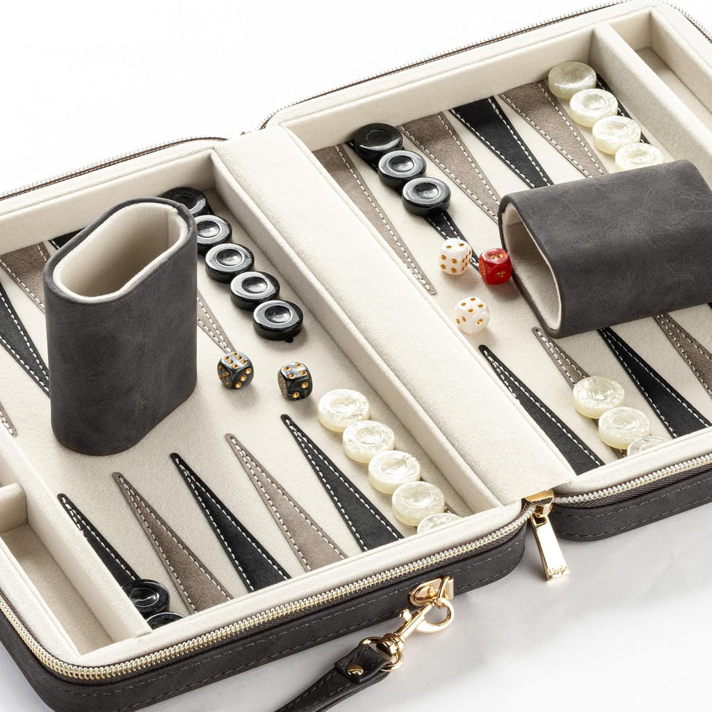 Backgammon Sets for Adults and Kids, Classic Backgammon Board with Unique Checkers Dice, Folding Faux Leather