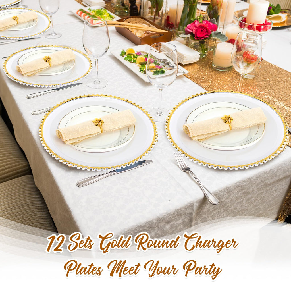 12 Set Acrylic Charger Plates 13" Beaded, Clear and Gold