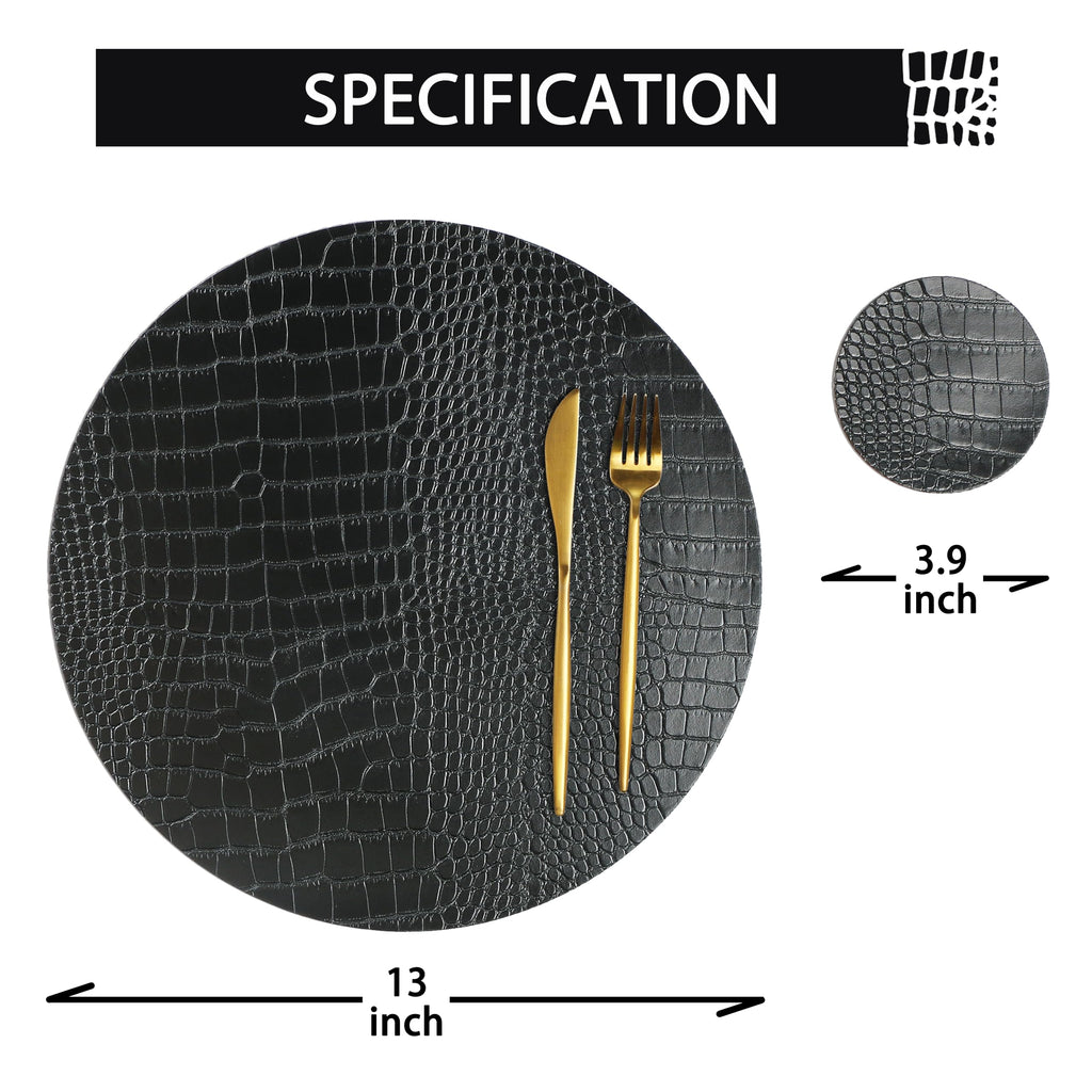 Round Leather Placemats for Round Tables Set of 6, Black Table Place Mats and Coasters, Washable Easy to Care for