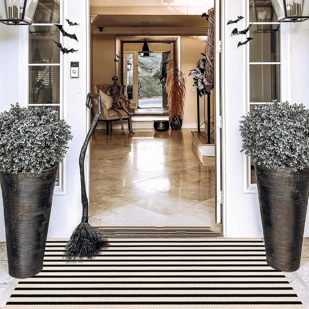 Black and Ivory Striped Area Rug, Cotton Woven Farmhouse Rug and Covered Porch, Reversible Washable Modern