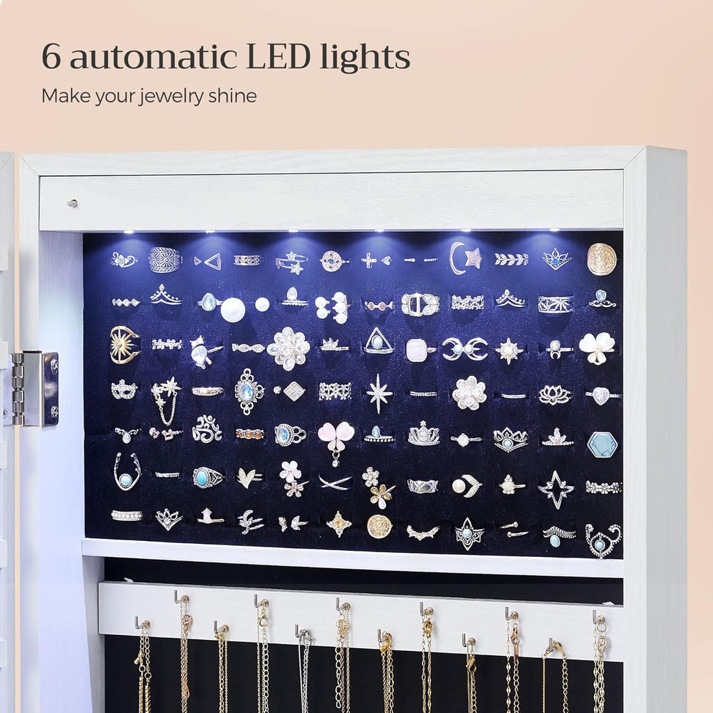 6 LEDs Mirror Jewelry Cabinet, 47.2-Inch Tall Lockable Wall or Door Mounted Jewelry Armoire Organizer with Mirror, 2