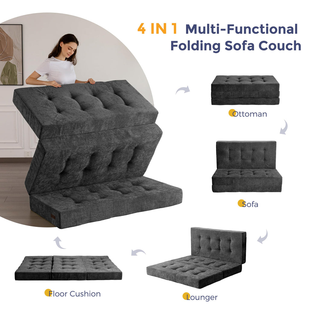 6" Folding Sofa Bed for Floor, Tufted Tri-Fold Floor Mattress
