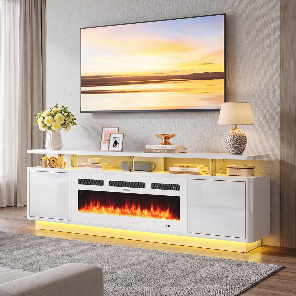 70" Fireplace TV Stand with Double LED Lights for TVs UP to 80", Electric Fireplace Entertainment Center with Storage