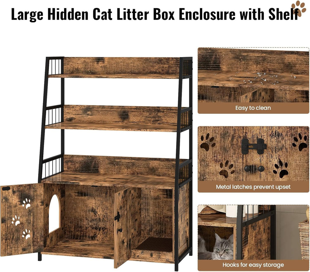 Large Cat Litter Box Enclosure with Shelf Storage, Hidden Cat Washroom Furniture, Wooden Cat House with Scratch Pad