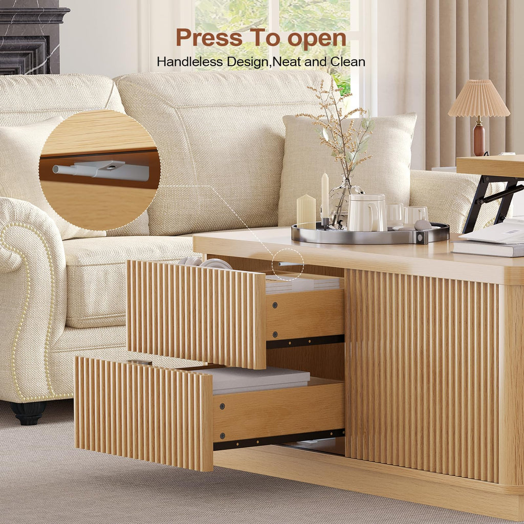39.4'' Lift Top with Storage, Fluted Coffee Tables, Square with Large Hidden Compartment & 2 Drawrs & Adjustables
