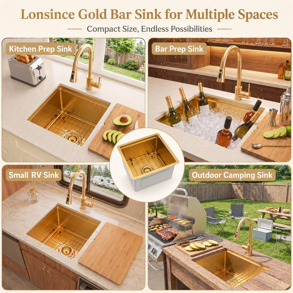 Gold Bar Sink Undermount, 18 inch Bar & Prep Sink with Workstation