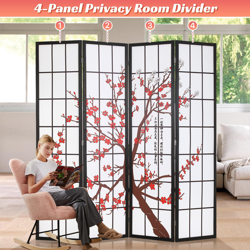 Japanese 4-Panel Screen Room Divider, 6Ft Folding Privacy Divider, White