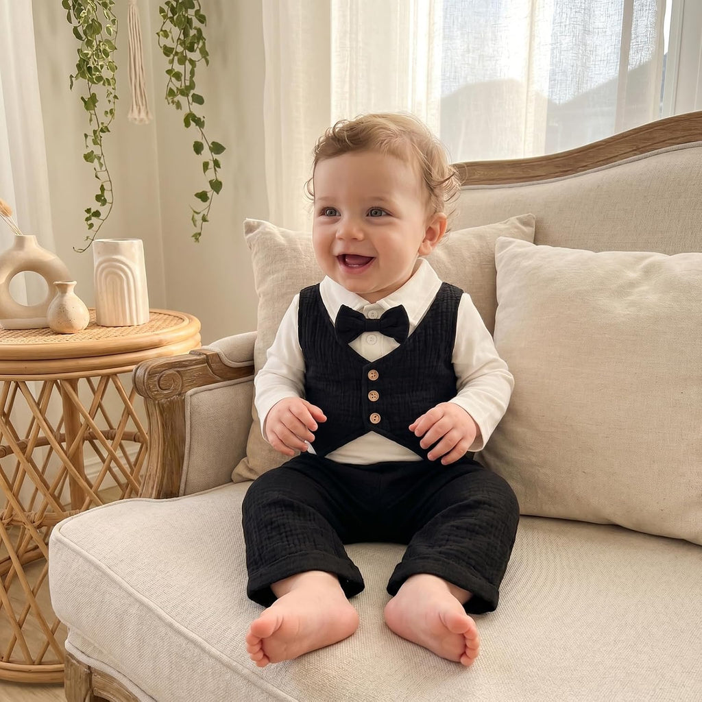 Infant Baby Boy Outfit Gentleman Suit Bowtie Dress Romper Pants Set