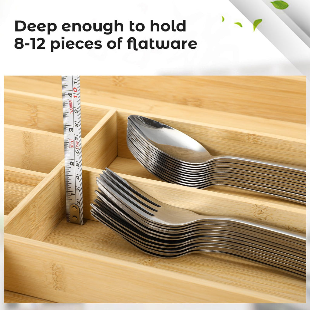 Silverware Organizer for Cabinet Drawer, Expandable from 16.7'' to 30'' Wide Bamboo Wood Flatware Tray for Large