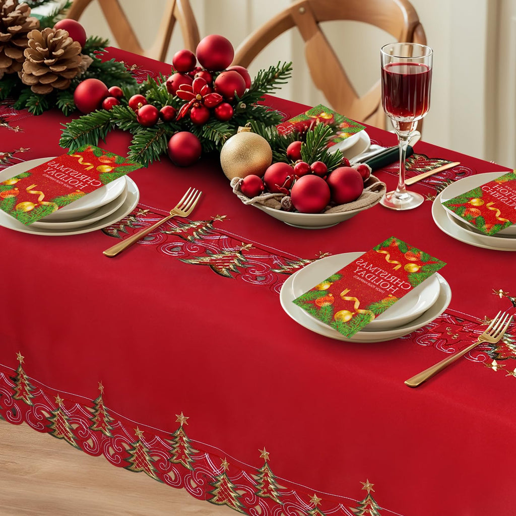 Embroidered Rectangle Christmas Tablecloth, 60 x 84 Inches, Red