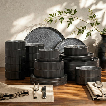 Fluted Ceramic Dinnerware Sets for 8, 32 Pieces Non Toxic Stoneware Plates and Bowls Sets, Scratch Resistant Dish