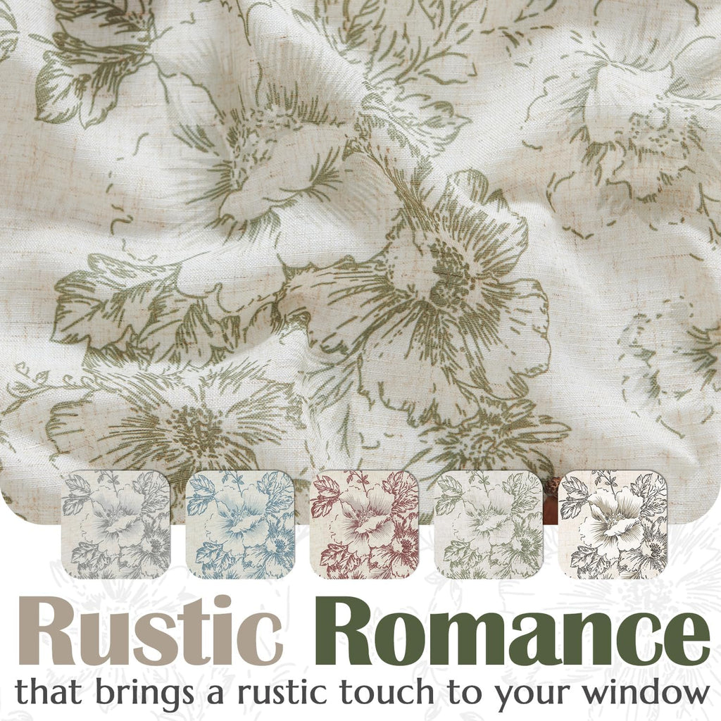 Linen Valance Curtain Farmhouse Sage Green Floral Window Valance, 16 Inch French Country Flower Drapes for Kitchen