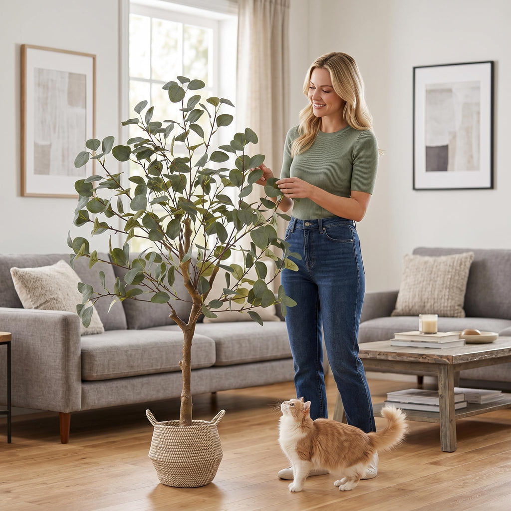 Artificial Eucalyptus Tree 4ft Faux Plant with Woven Basket