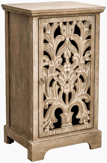 Vintage Hollow Carved Door End Table, Natural | 18x14x30.5", Storage Cabinet with Decorative Panel, Indoor Living