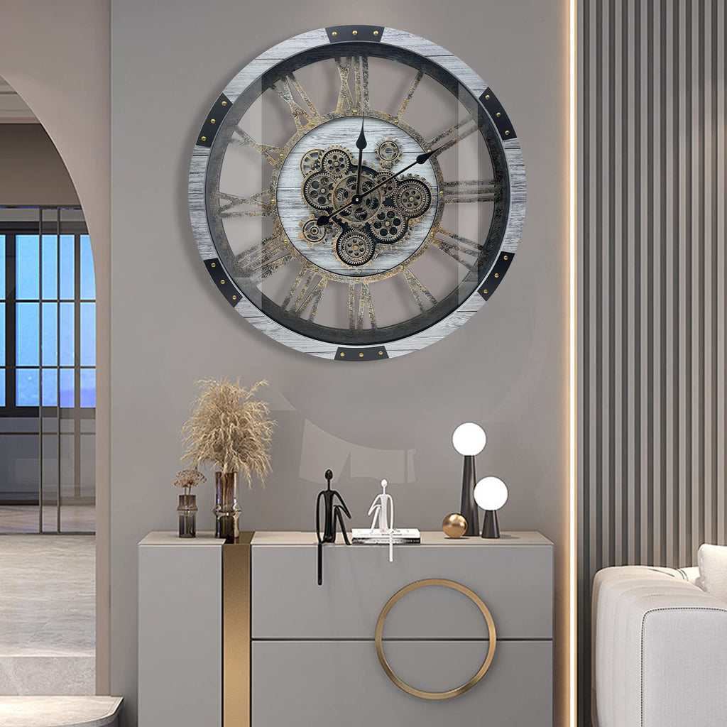 24" Large Wall Clock with Moving Gears, Oversize Vintage Industrial Rustic Farmhouse Clocks Decor Office Home, Solid