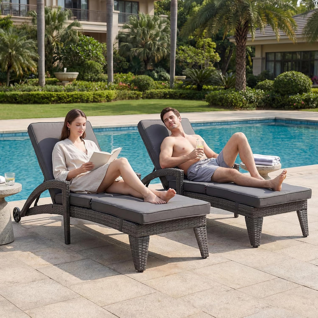 Chaise Lounge Chairs Set of 2, Upholstered 5-Positions Adjustable Lounge Chairs, Wicker Outdoor Long Reclining Chaise