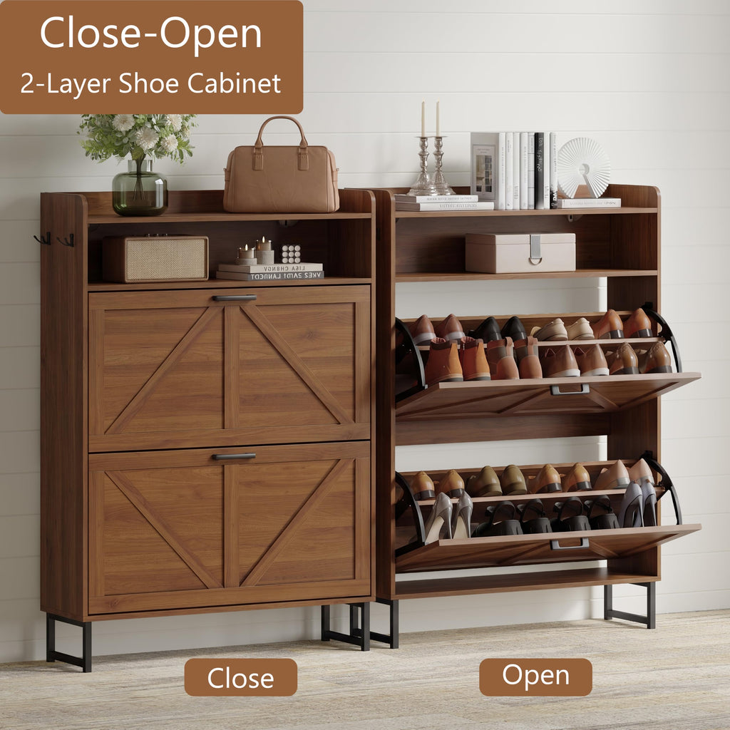 Shoe Storage Cabinet with 2 Flip Drawers, Entryway Shoe Rack, Walnut