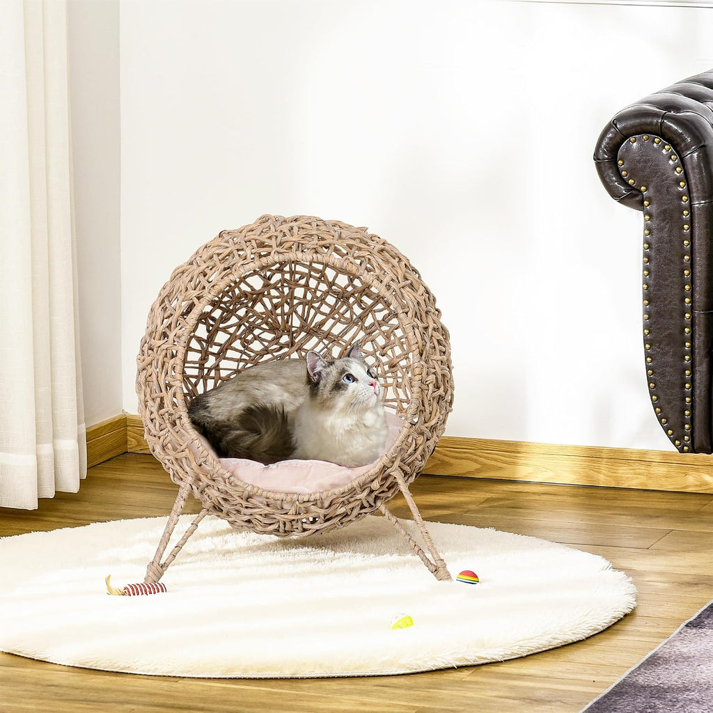 20.5" Weaved Cat Bed with Cushion, Beige