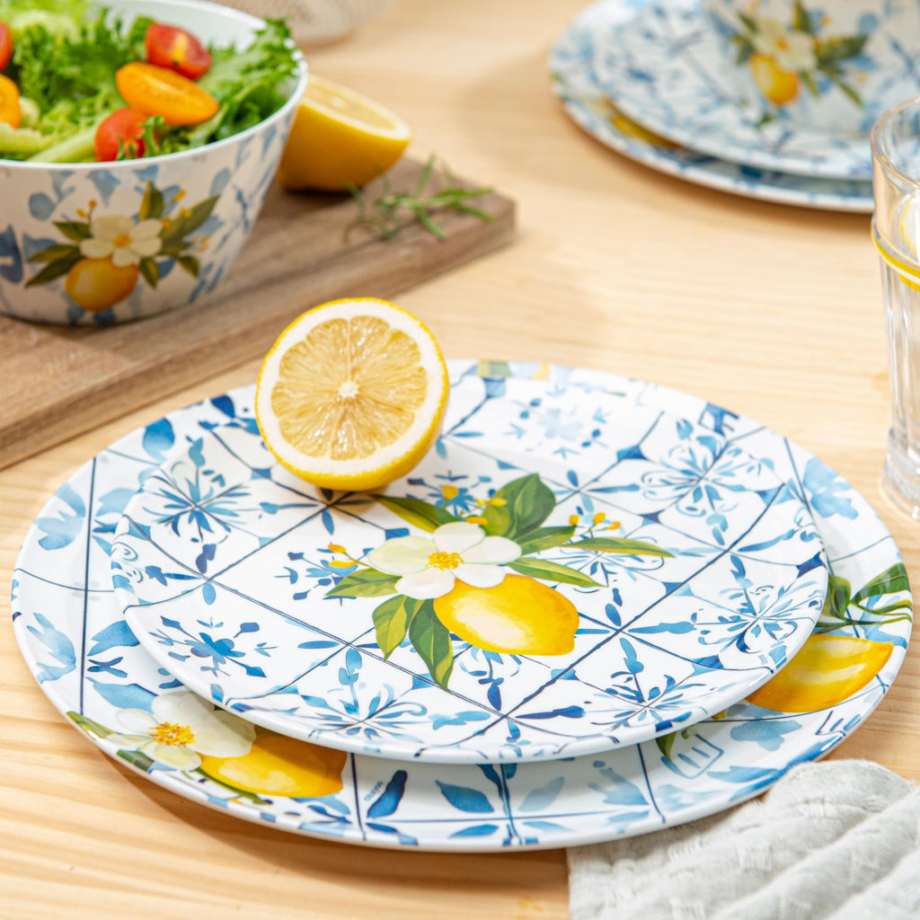 Melamine Dinnerware12 Piece Outdoor Indoor Set, Lemon Tiles