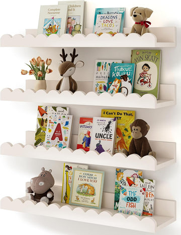 Nursery Book Shelves, Pack White Floating Shelves for Wall Kids, Scalloped Shelves, Wall Book Shelves Kids, Toddler