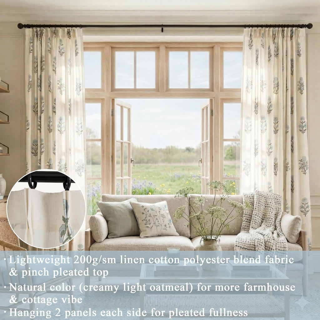 Floral Pinch Pleated Linen Curtains 96 Inch Long 2 Panel Set, Blue Green Grand Millenial Coastal Farmhouse Light