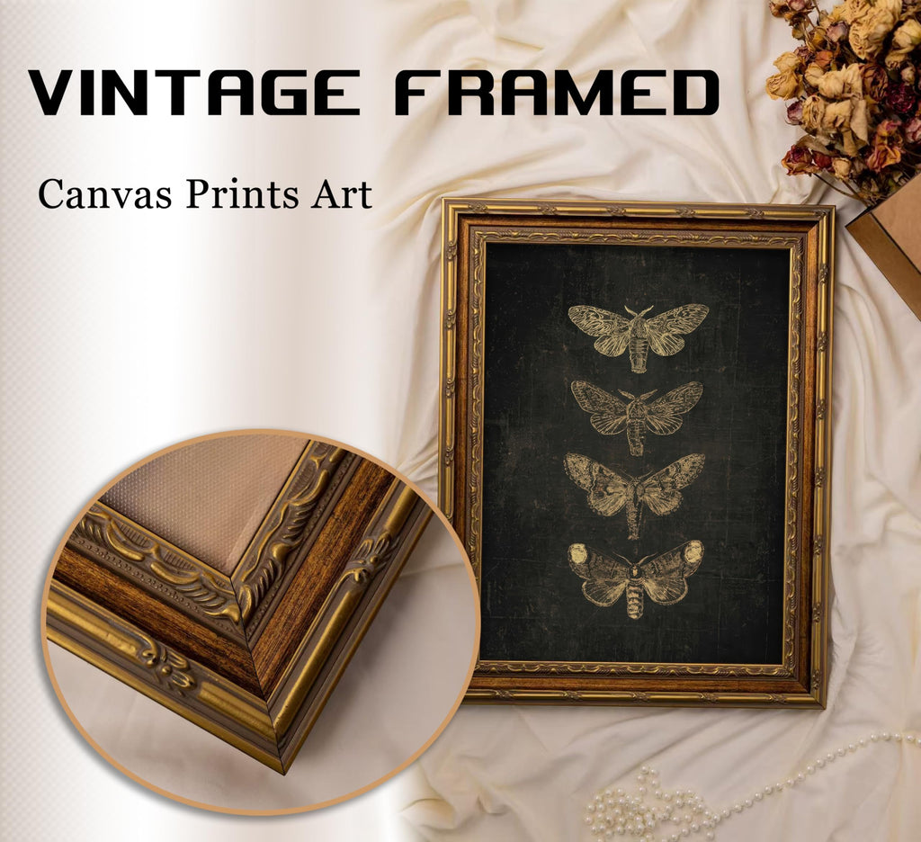 Vintage Gold Framed Moth Butterfly Canvas Wall Art - Gothic Dark Moody Cottagecore Insect Print Decor Bedroom