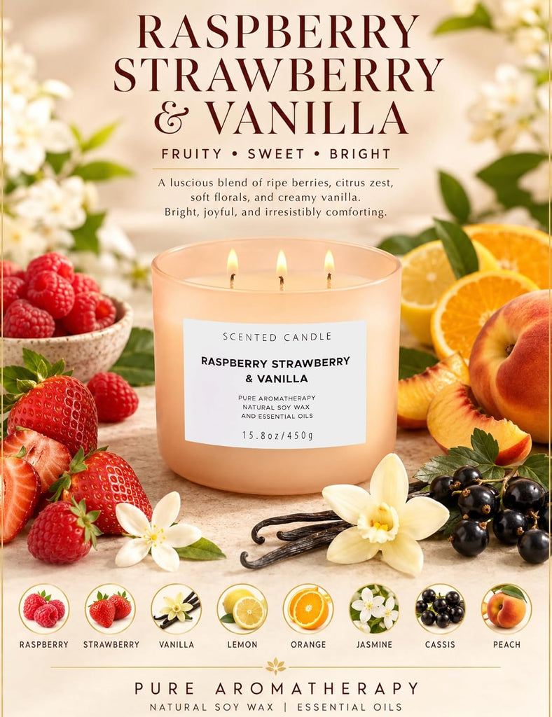 Raspberry Strawberry Vanilla Candle, 3-Wick Scented Soy Candle, 15.8 oz - Set of 158